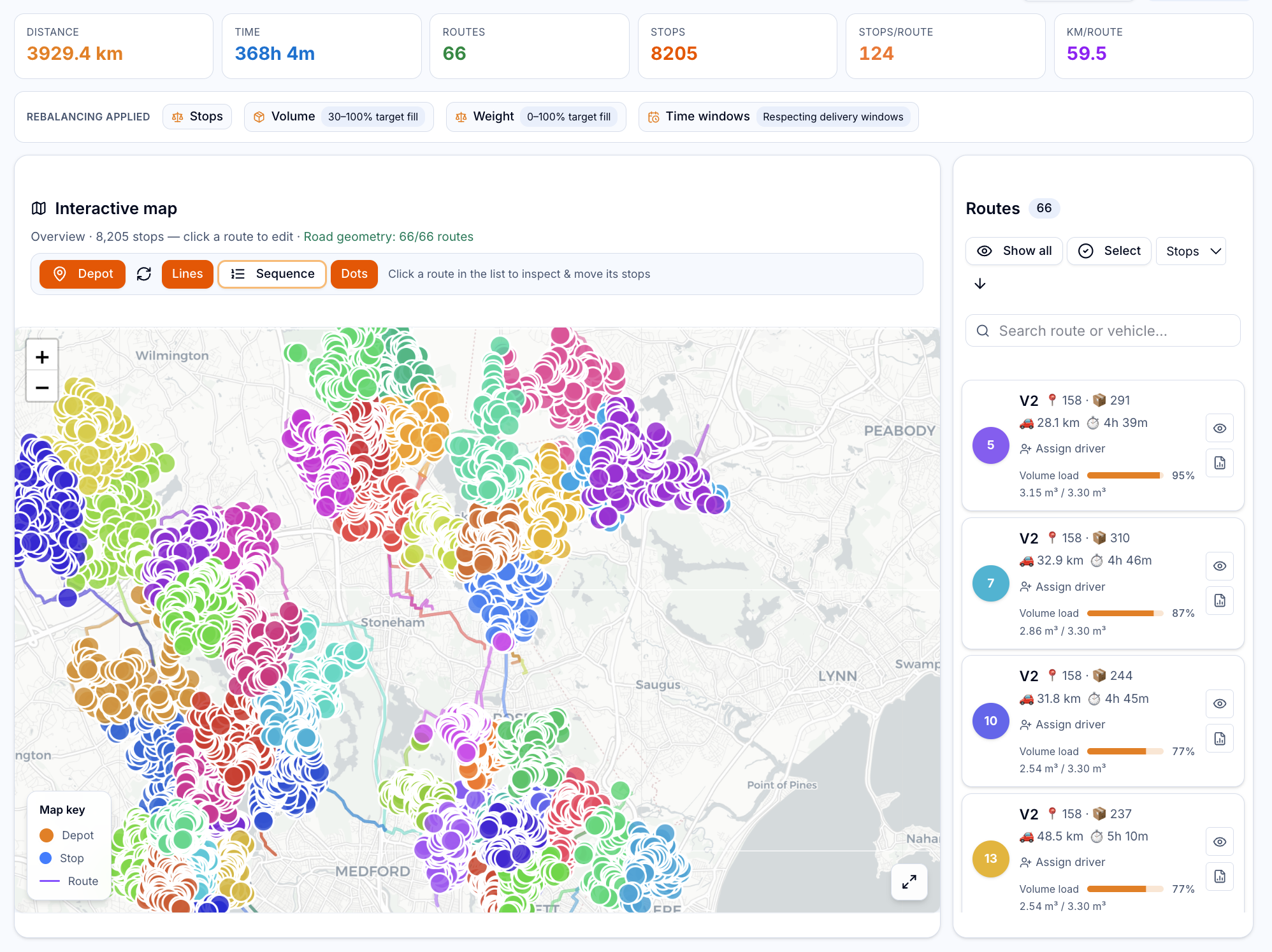 Vepathos route optimization dashboard β balanced routes on a live map with fleet metrics, rebalancing, and per-route loads