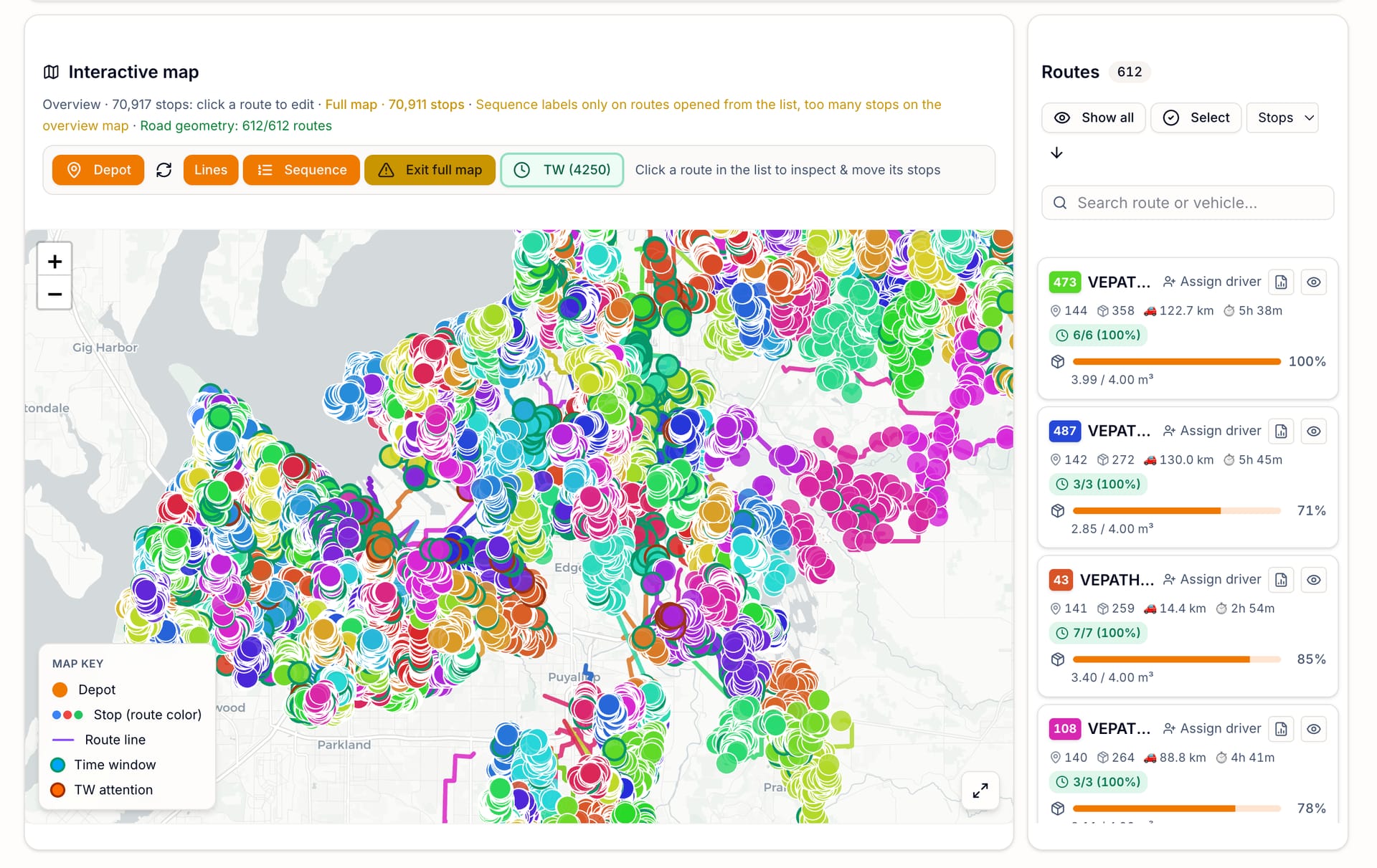 Captura real de un plan de unas 70.000 paradas sobre el mapa de Seattle–Tacoma, con 612 rutas.