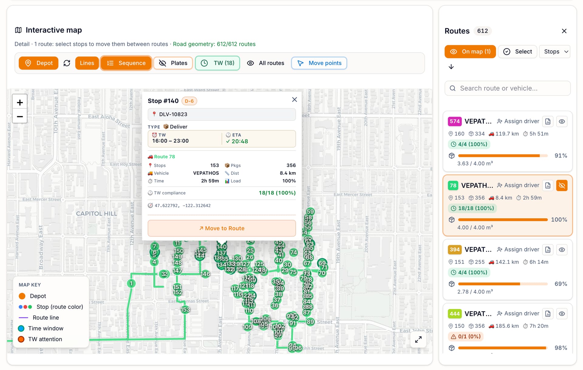 Captura real de una ruta secuenciada en Capitol Hill, Seattle, con el orden de visita sobre las calles.